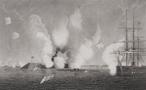 Strid mellan Confederate CSS Virginia (vänster) och Union USS Monitor (mitten) den 9 mars 1862 vid Hampton Roads, Virginia (se 254609 för detaljer) av American School