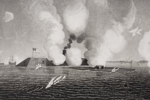 Strid mellan Confederate CSS Virginia (vänster) och Union USS Monitor (höger) den 9 mars 1862 vid Hampton Roads, Virginia (detalj av 254608) av American School