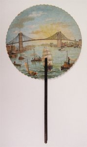 Jubileumsfläkt tryckt med scenen av Brooklyn Bridge (pappblad) av American School