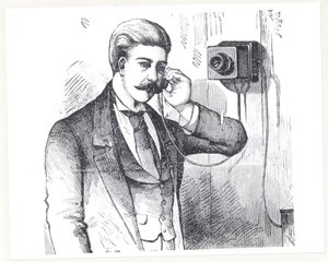 Kondensatortelefon i bruk, från The Electric Telephone av George Bartlett Prescott (f.1830), 1890 av American School