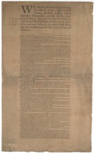 Konstitution, första tryckning, tryckt av Dunlap & Claypoole, 17-19 september 1787 (se GLC 695934 för sida 2) av American School