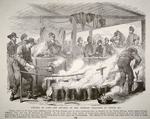 Matlagning i lägret - Fremont Dragoons kök i Tipton, Missouri (gravyr) av American School