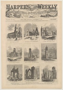 Omslag till Harpers Weekly som visar scener av de förstörda kyrkorna i Chicago, 11 november 1871