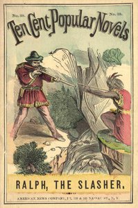 Omslag till boken "Ten cent popular novels - Ralph, the Slasher", nr 39. American News Company. En indisk och en vit duell. Brinnande sd. tidigt 1900-tal. av American School