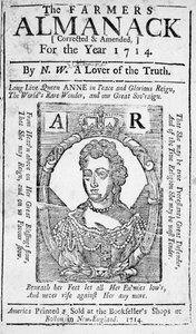 Försättsblad till The Farmers Almanack, publicerad 1714 (tryckt) av American School