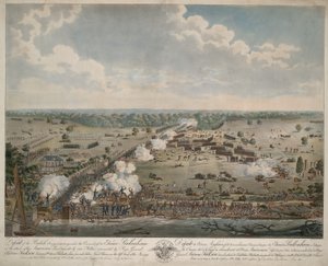 Nederlag för den brittiska armén (Slaget vid New Orleans), pub. 1815 (handfärgad gravyr) av American School