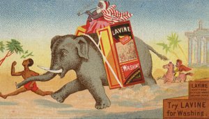 Elefant som springer med en låda med tvål av American School
