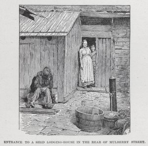 Ingång till ett skjul-hus på baksidan av Mulberry Street (litho) av American School