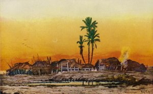 Kväll i en arabisk by (färg litho) av American School