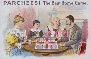 Familj som spelar en omgång Parcheesi (chromolitho) av American School
