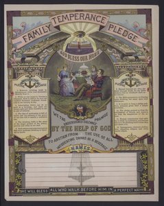 Familjens nykterhetslöfte (färgad gravyr) av American School
