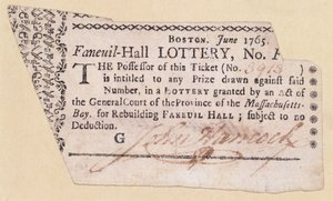 Faneuil-Hall Lottery Ticket, signerad av John Hancock (1737-93) 1765 (bläck på papper) av American School