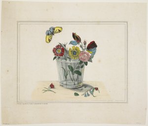 Blommor i ett glas, med fjäril (handfärgad litho) av American School