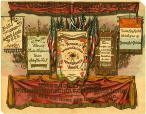 För Gud och hem och hemland... Kvinnors kristna nykterhetsunion, stridsflaggor från White Ribbon Army, 1885 av American School