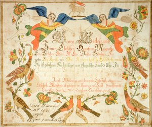 Fraktur till födelse- och dopattest för Elizabeth Wachter (1808-71) 1808 (bläck  akvarell på papper) av American School