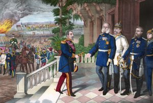 Fransk-preussiska kriget 1870-1871: Napoleon III:s kapitulation efter slaget vid Sedan, 2 september 1870. Färglinjegravering, amerikansk, c1871 - 1870 års krig: Napoleon III (1808-1873) fånge efter slaget vid Sedan möter William I av Preussen (1797-