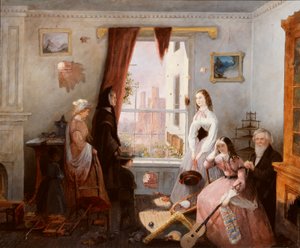 Familj från Fredericksburg i ett krigshärjat hus (olja på pannå) av American School