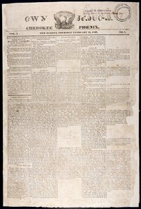 Första sidan från Cherokee Phoenix, 21 februari 1828 (tryck) av American School