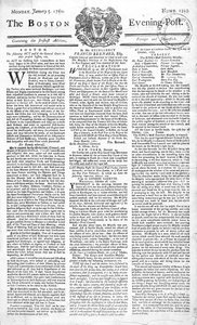 Framsidan av Boston Evening Post som tillkännager kung George II:s död (1683-1760), 5 januari 1761 (tryck) av American School