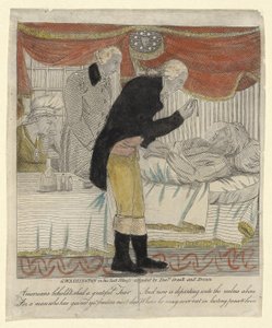 G. Washington i sin sista sjukdom, deltog av Drs Craik och Brown, pub. c.1800 (handfärgad gravyr) av American School