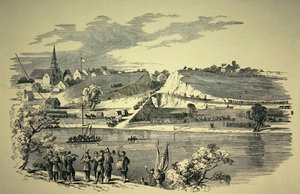 General Banks (1816-94) unionsdivision som korsar Potomac från Williamsport, Maryland, för att attackera konfedererade armén under general Jackson (1824-63) 1862 (litografi). av American School