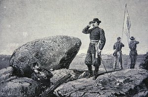 General G.K. Warren vid signalstationen på Little Round Top, Battle of Gettysburg av American School