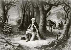 George Washington ber vid det amerikanska revolutionskrigets läger Valley Forge under vintern 1777-78, efter en målning av Henry Brueckner av American School