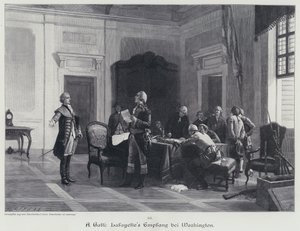 George Washington välkomnar Marquis de Lafayette (gravyr) av American School