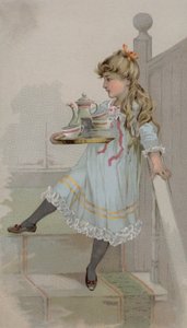 Flicka som bär en kanna kaffe på en bricka av American School
