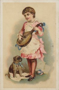 Flicka som spelar en mandolin, med en hund av American School