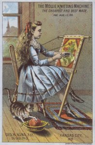 Flicka som använder en stickmaskin (färg litho) av American School