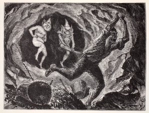 Gnomes Terrifying a Miner, från The World Guide to Gnomes, Fairies, Alves and Other Little People av Thomas Keightley (1789-1872) Publicerad 1880 av American School