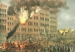 Great Fire on Lake Street, från Chicago Illustrated, med litterära beskrivningar av James W. Sheahan, publicerad av Jevne & Almini, Chicago, 1866-67 av American School
