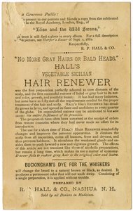 Halls Vegetable Sicilian Hair Renewer, återställer grått hår till sin ursprungliga färg och förhindrar håravfall. Verso, (litografi [handelskort]) av American School