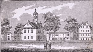 Harvard University, Cambridge, från "Historical Collections of Massachusetts", av John Warner Barber, 1839. av American School