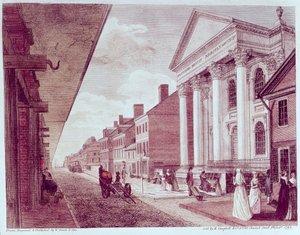 High street med den första Presbyterian Church, Philadelphia, 1799 av American School