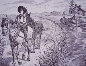 Hästar som drar kanalbåt på dragbana, Erie Canal (gravyr) av American School