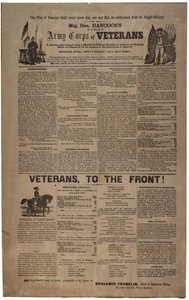 Illustrerad Philadelphia rekryteringsaffisch för generalmajor Hancocks First Army Corps of Veterans inklusive Union man and Woman., februari 1865 av American School