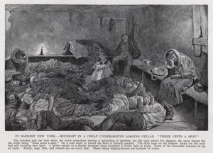 I mörkaste New York, Midnight in a Cheap Underground Lodging Cellar, "tre cent per plats" (litho) av American School