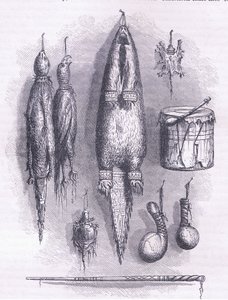 Indisk medicinväska, mystisk visselpipa, strider och trumma 1661, illustration från Cassell