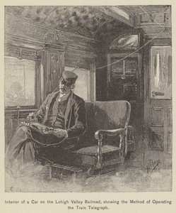 Interiör av en bil på Lehigh Valley Railroad, som visar metoden för att köra tågetelegrafen (gravyr) av American School