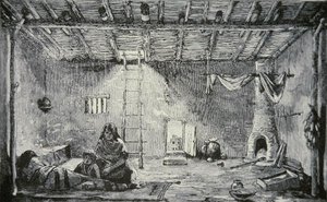 Interiör av ett Pueblo-hus, ca 1880 (gravyr) av American School