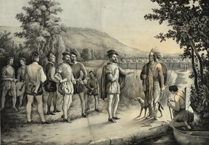 Jacques Cartier, hans första intervju med indianerna vid Hochelaga nu Montreal 1535, ca 1850 av American School