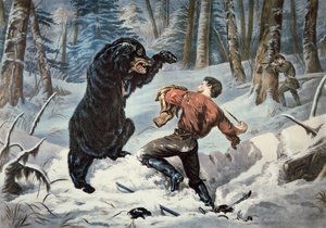 Jedediah Smith (1799-1831) attackeras av en Grizzlybjörn, ca 1861 (lito i färg) av American School