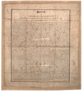 Jeffersons första invigningstal, tryckt av Pechin, Baltimore, 4 mars 1801 (lito på siden) av American School