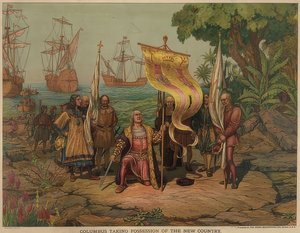 Columbus landar på ön San Salvador den 12 oktober 1492. 1893 av American School