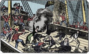 Piratherren Jean Lafittes död (1780-1826), gravering av "The pirate own book" 1837. av American School