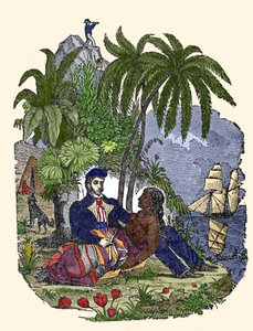 Piraternas liv på ön Madagaskar. Gravyr av "Piratens egen bok" 1837. av American School