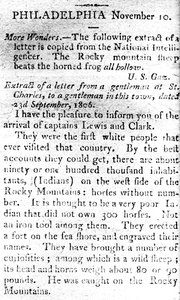 Brev som tillkännager ankomsten av kaptenerna Lewis och Clark, från The Boston Intelligencer, 19 november 1806 (tryck) av American School