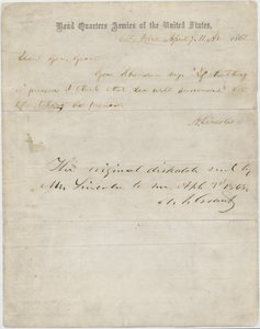 Brev från Abraham Lincoln till general Ulysses S. Grant, 7 april 1865 av American School